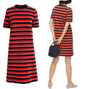 NEW J. Crew Short-Sleeve Striped Sweater Knit Dress Red Blue Wool Md Academia